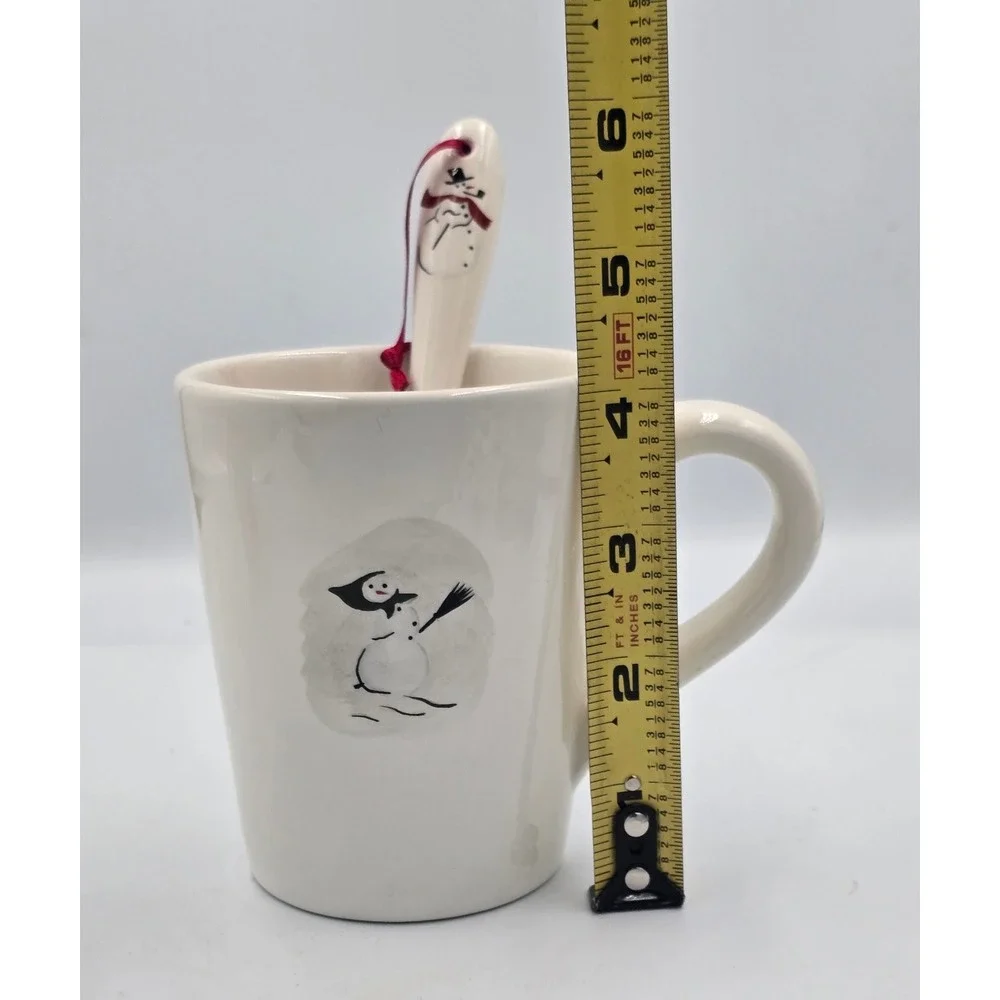 Williams Sonoma 10 oz. Snowman Ceramic Gift Mug with Spoon Set‎ Red Ribbon